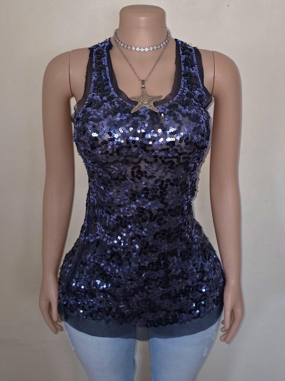 ☆Wild Cat Sequin Tank Top - Navy Blue☆